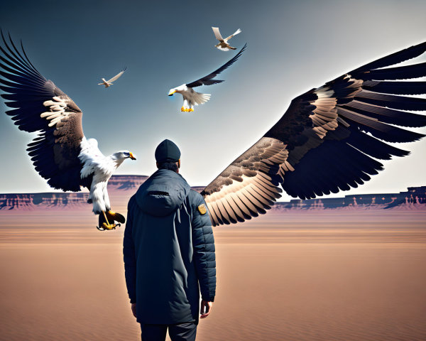 Person with outstretched arms transformed into eagle wings in desert scene