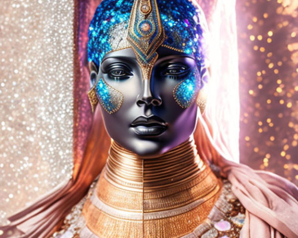 Blue Sparkling Skin and Golden Jewelry on Glittery Backdrop
