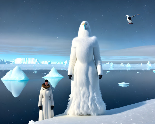 Giant bird-like creature and person in snowy landscape with starry sky