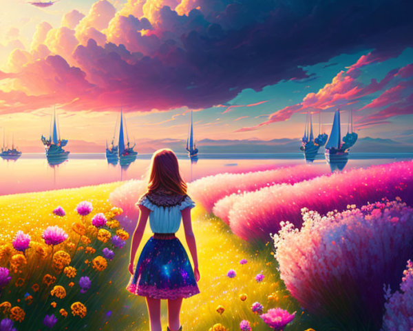 Girl on Flower-Lined Path by Calm Sea at Sunset