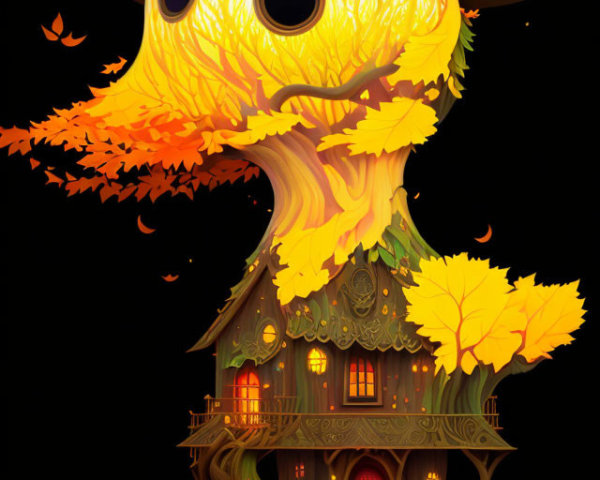 Whimsical treehouse with glowing windows and autumn leaves