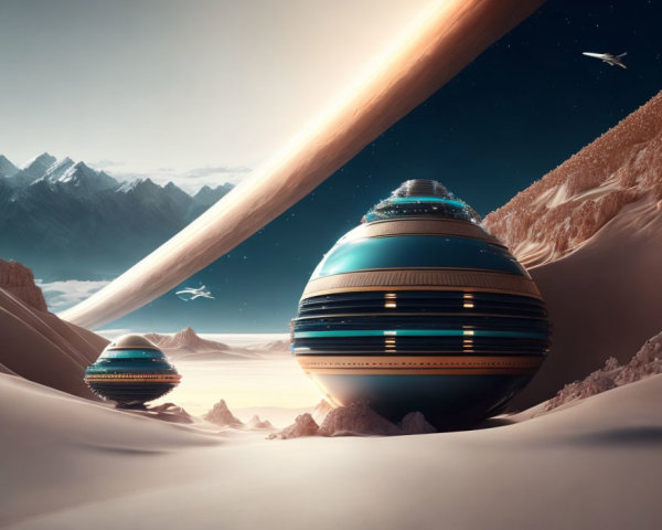 Futuristic domed structures in desert with ringed planet and spacecraft.