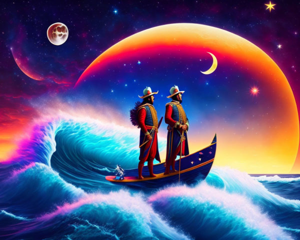 Cosmic wave boat ride under fantasy sky with celestial bodies