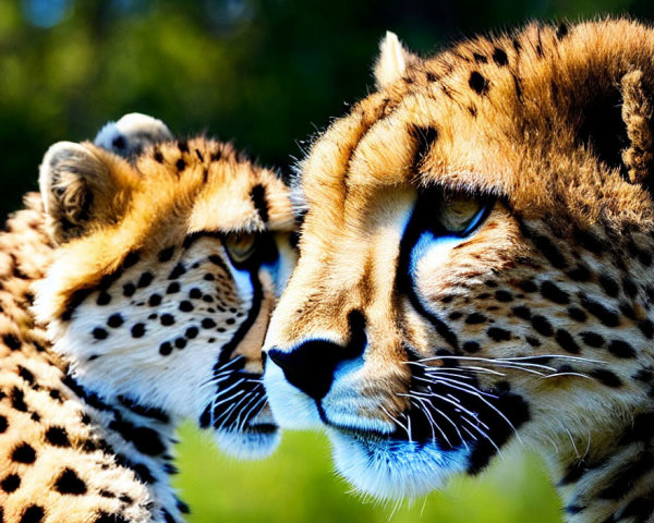 Two cheetahs with vivid spotted fur and intense blue eyes in close proximity.