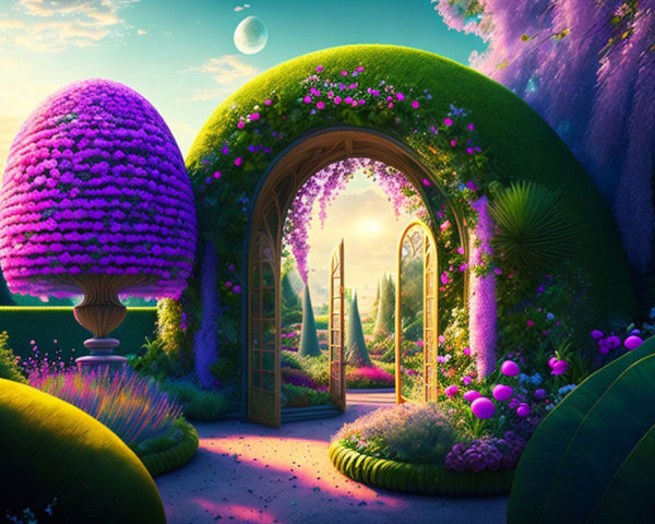 Lush fantasy garden with purple tree, golden arch, and moon