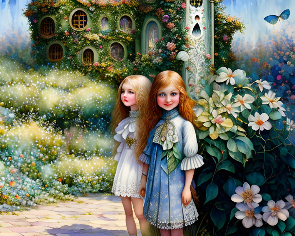 Illustrated vintage girls by whimsical house with lush flowers
