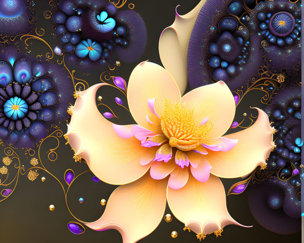Colorful digital artwork: large golden flower, intricate details, ornate spiral patterns, floating orbs in