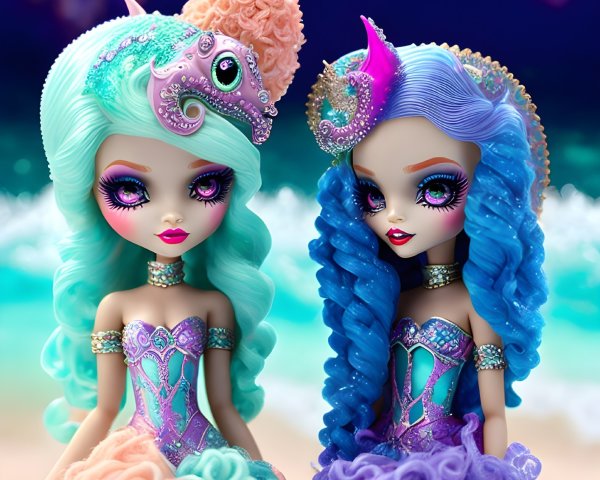 Enchanting Dolls with Vibrant Hair and Ocean Backdrop