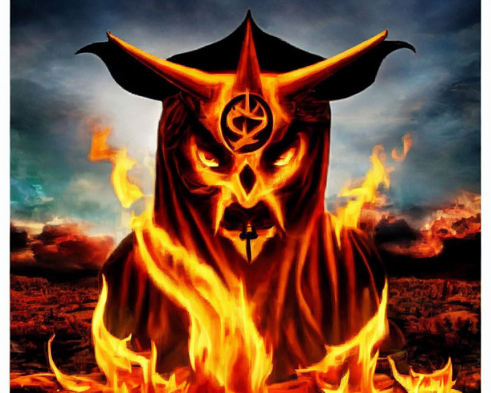 Menacing Figure in Flames with Dark Cloak and Horns