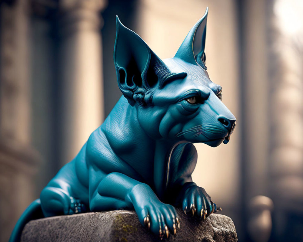 Blue Sphinx-Like Dog Sculpture with Muscular Build