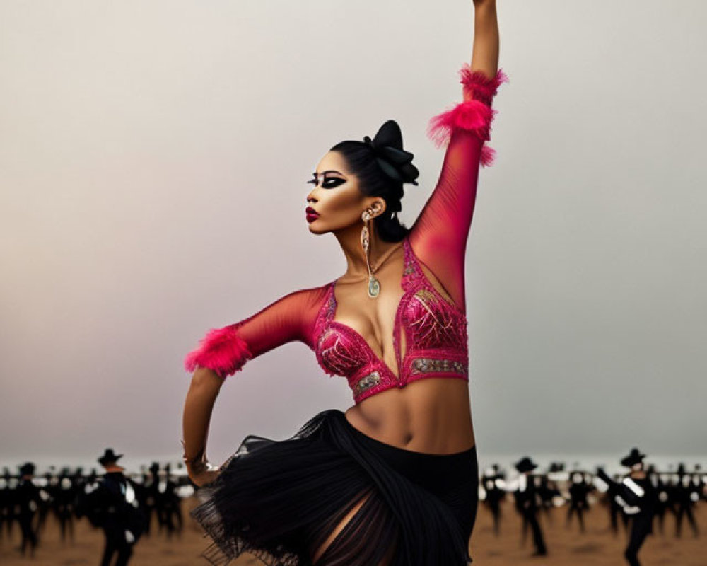 Woman in Vibrant Outfit Dancing Under Overcast Sky