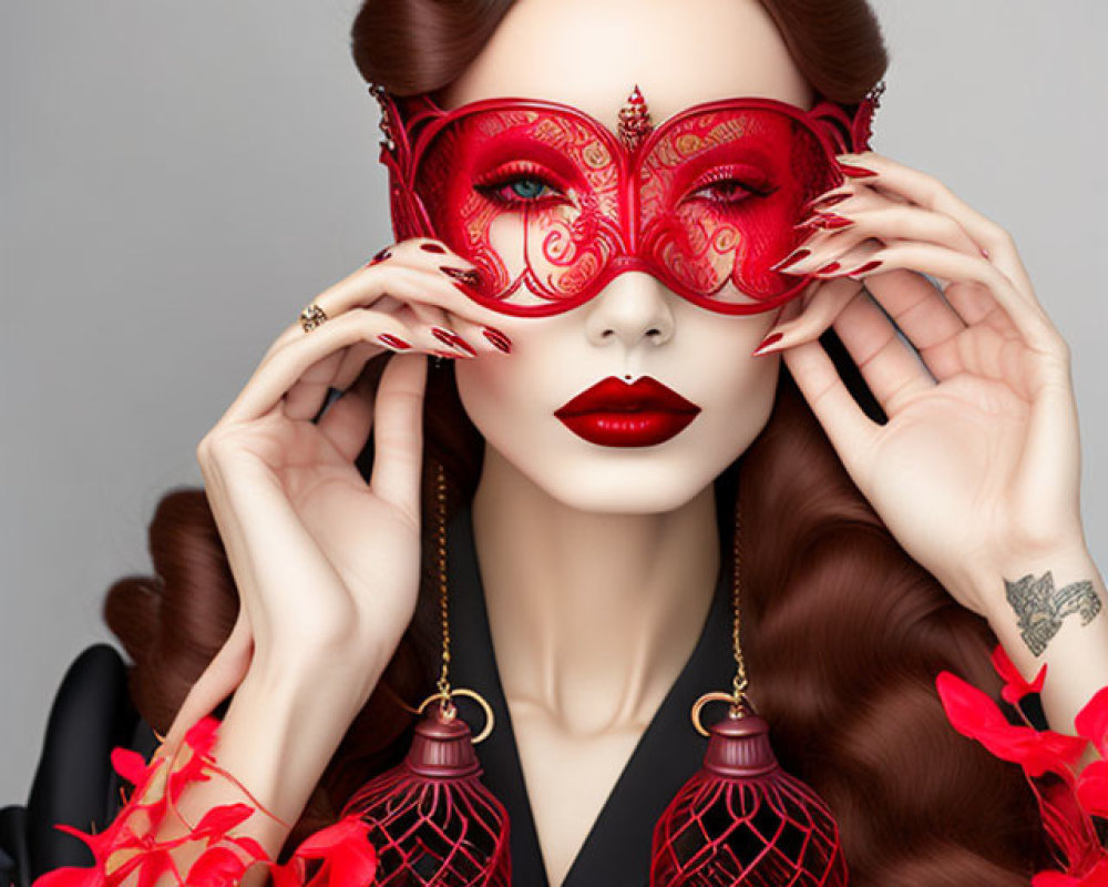 Close-Up Portrait of a Woman in Red Masquerade Mask