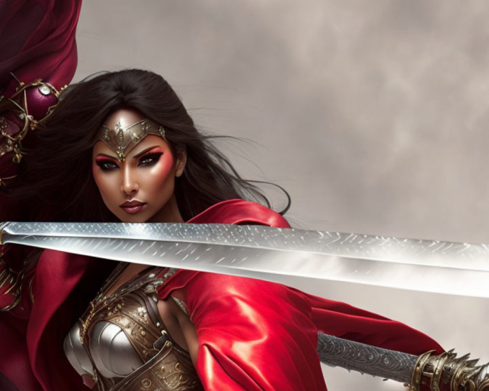 Warrior Woman in Red Cloak with Sword and Armor