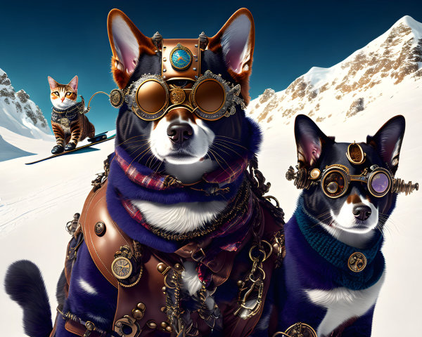Steampunk-dressed animals in snowy mountain scene