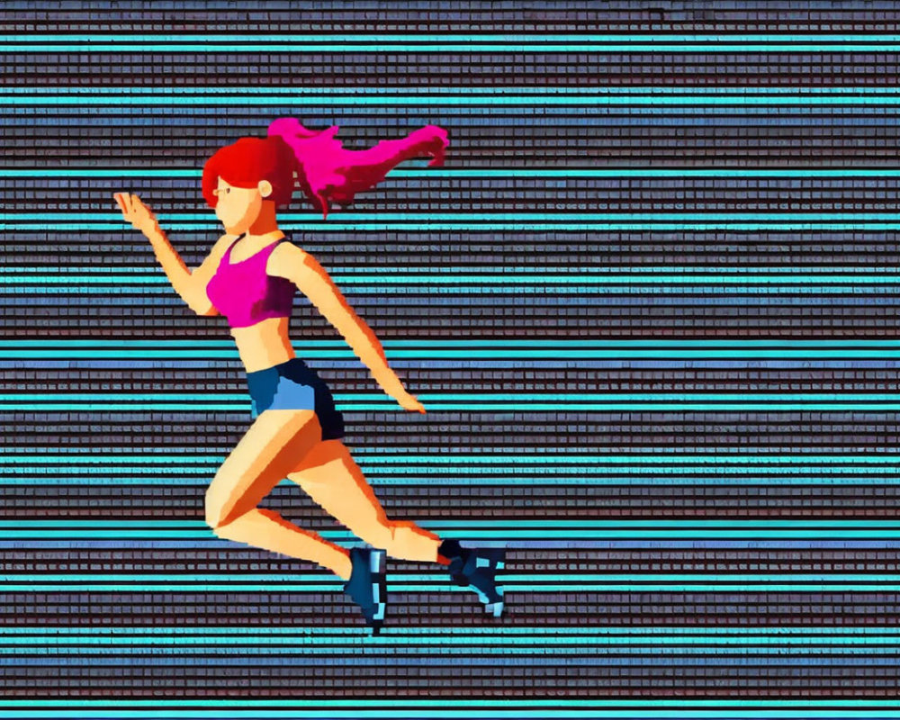 Vibrant digital illustration: woman with pink hair in mid-stride on colorful background