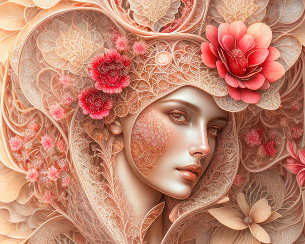 Intricate digital artwork: Woman's face with ornate floral patterns