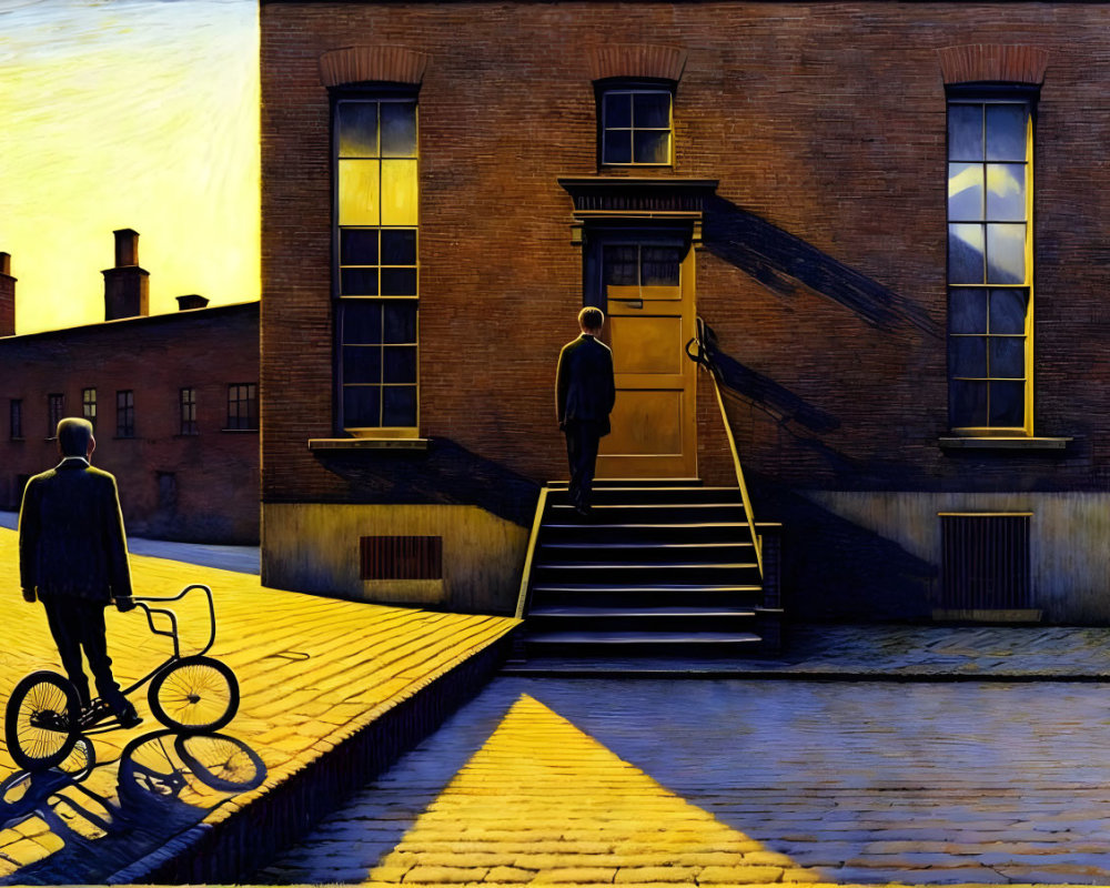 Sunlit Street Scene with Two Men in Dark Suits