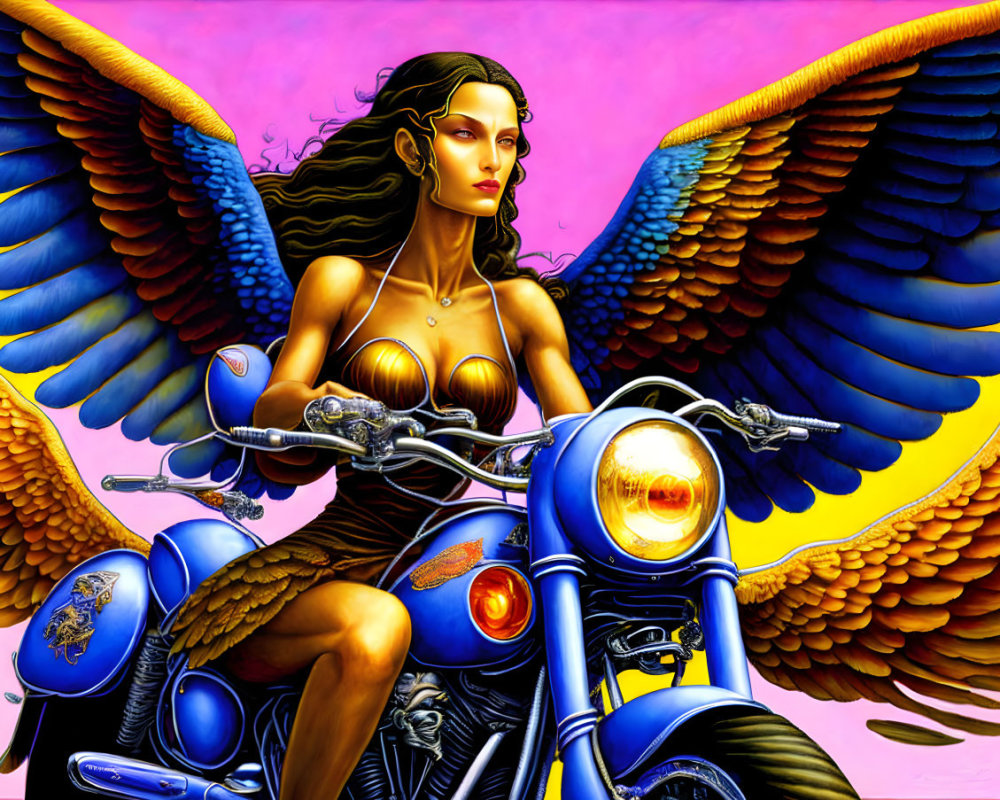Fantasy Figure with Colorful Wings on Motorcycle