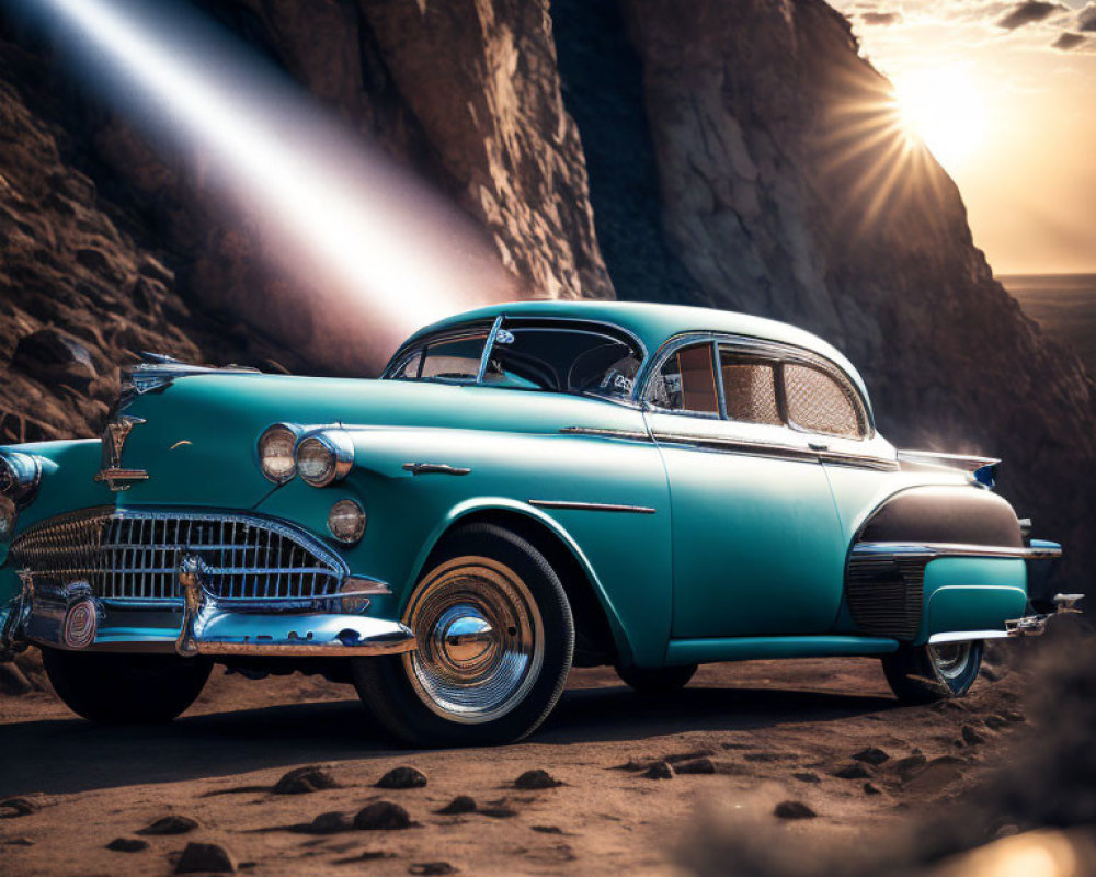Classic Teal Car on Dirt Road by Rocky Mountains