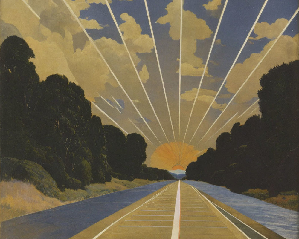 Empty Road Under Vibrant Sunset and Lush Trees
