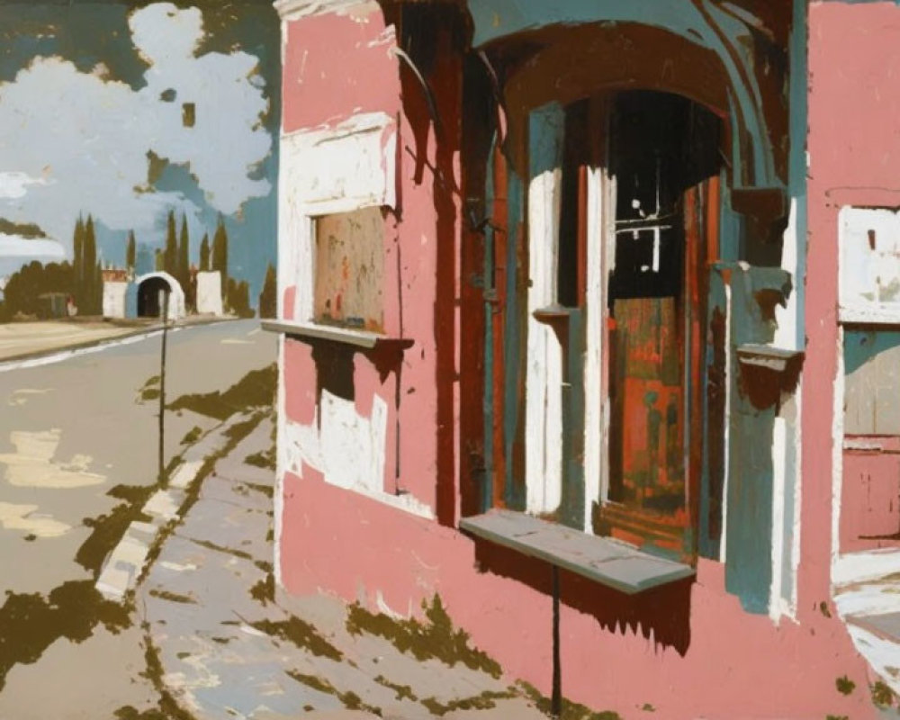 Charming Roadside Scene with Pink Building and Landscape