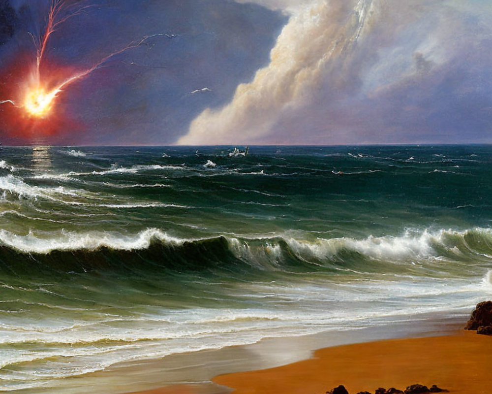 Dramatic Seascape with Turbulent Waves and Fiery Sky