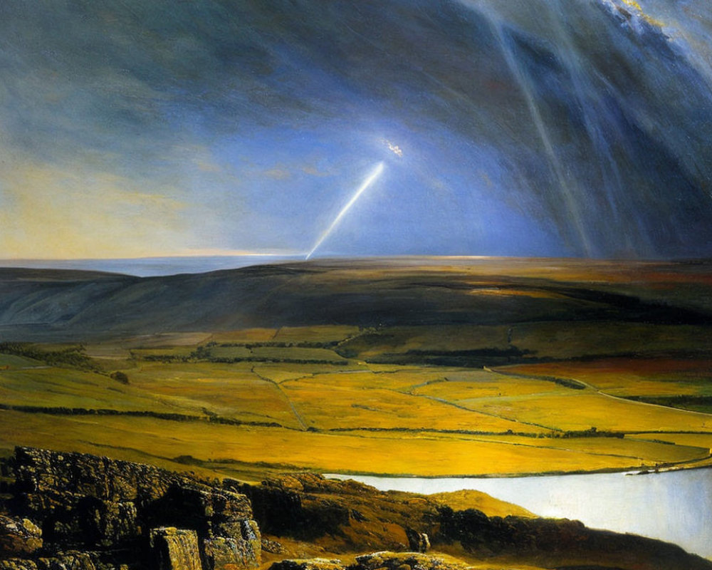 Dramatic Landscape with Golden Light and Reflective Lake