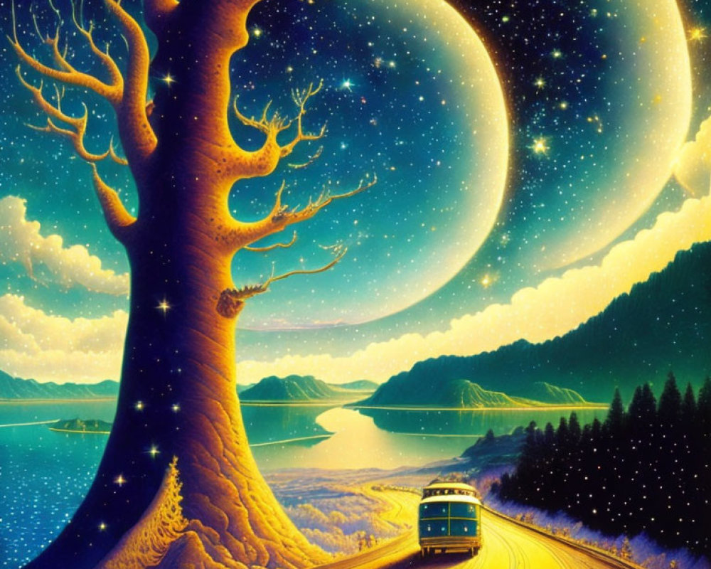 Surreal Landscape with Twisted Tree and Moons