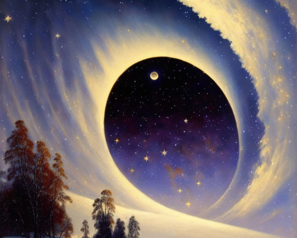 Surreal Winter Landscape with Cosmic Void and Moon