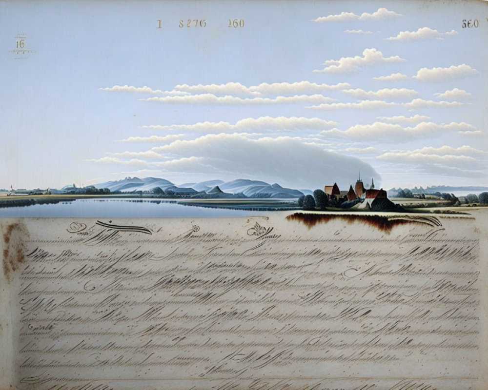 Serene Landscape with Hills, Water, and Cursive Writing