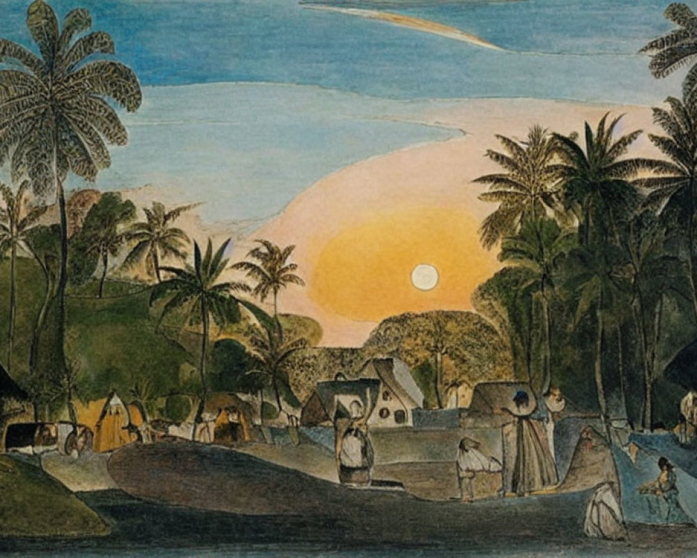 Tranquil Village Scene at Sunset with Palm Trees