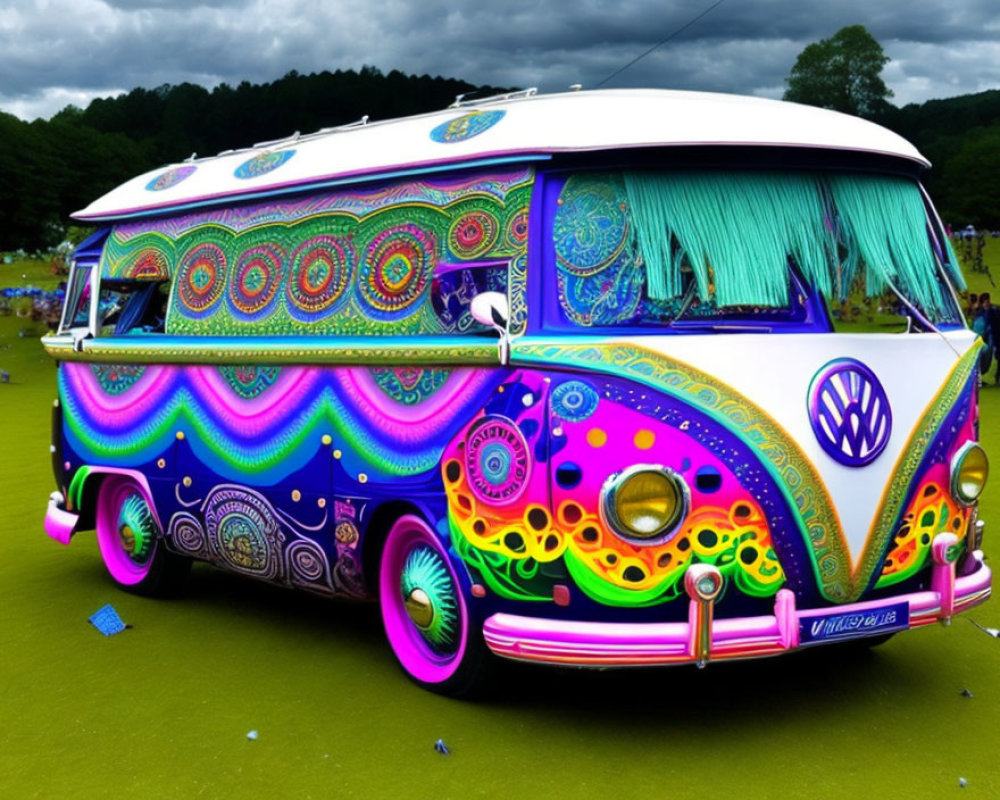 Psychedelic Volkswagen Transporter Van on Green Lawn