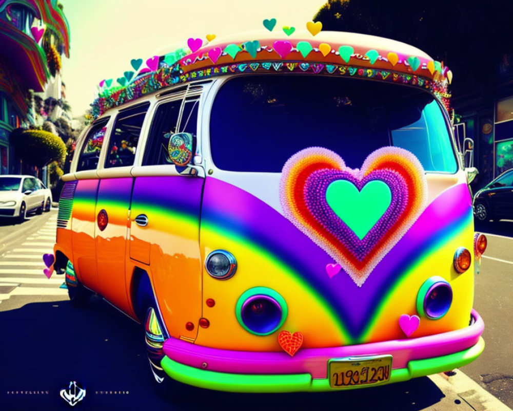 Psychedelic Rainbow VW Van with Heart Decorations