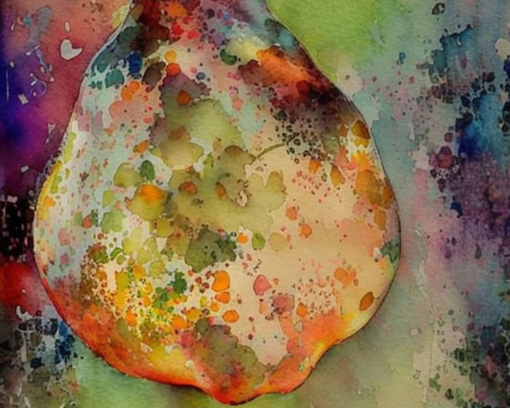 Vibrant Watercolor Painting of a Pear with Abstract Background