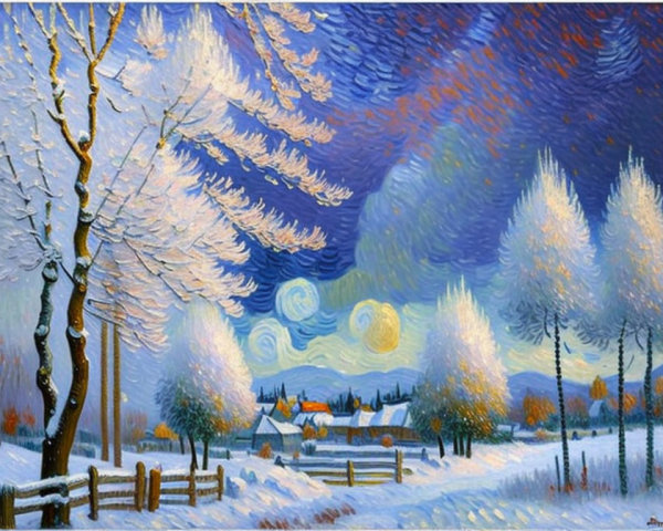 Winter Village Scene with Snow and Starry Sky
