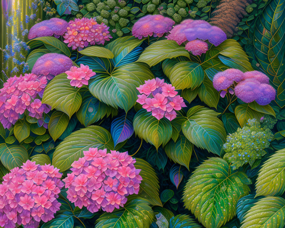 Lush Garden Scene with Pink Hydrangeas and Greenery