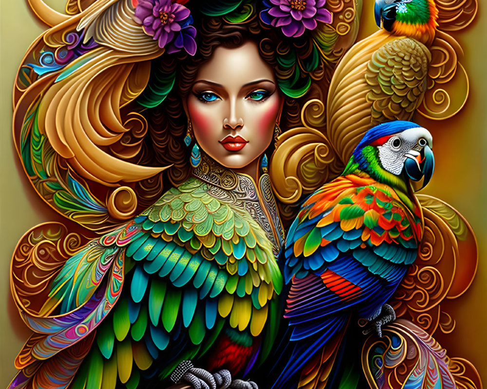 Stylized Woman with Feathers and Floral Accents