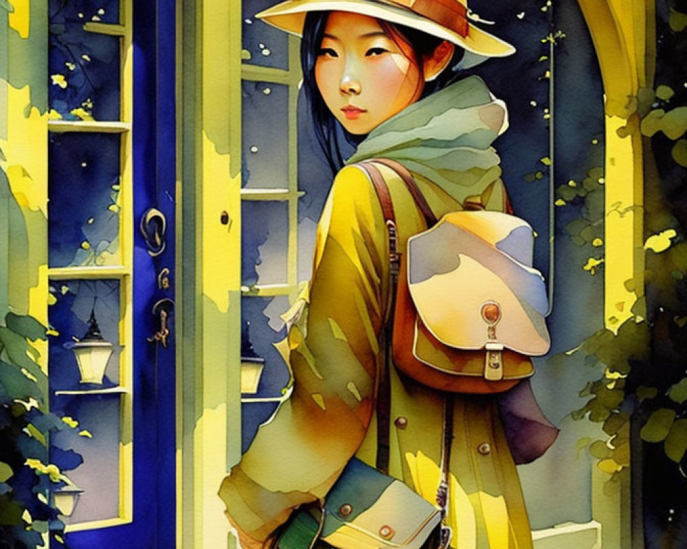 Young woman in yellow coat by charming window