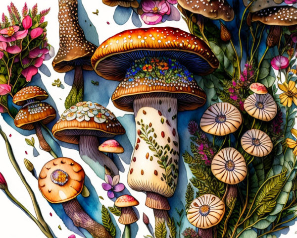 Colorful Mushrooms Among Lush Greenery and Flowers