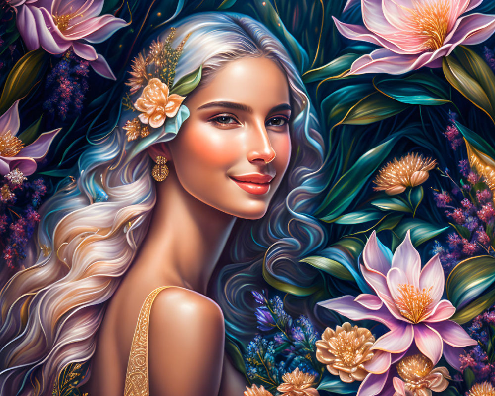 Radiant Woman Surrounded by Vibrant Flowers