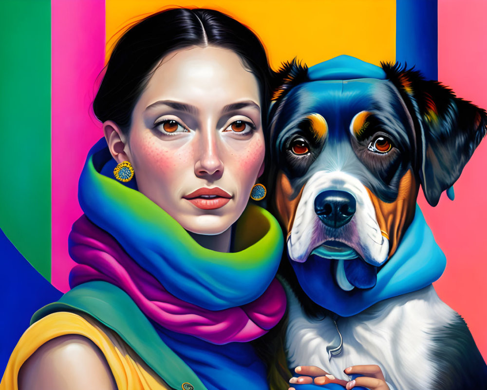 Woman and Dog in Colorful Geometric Background
