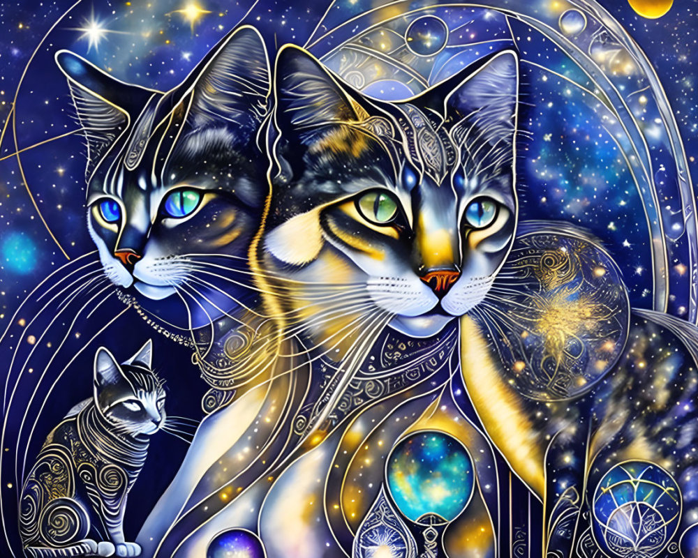 Cosmic Scene with Cats in Deep Blue Space