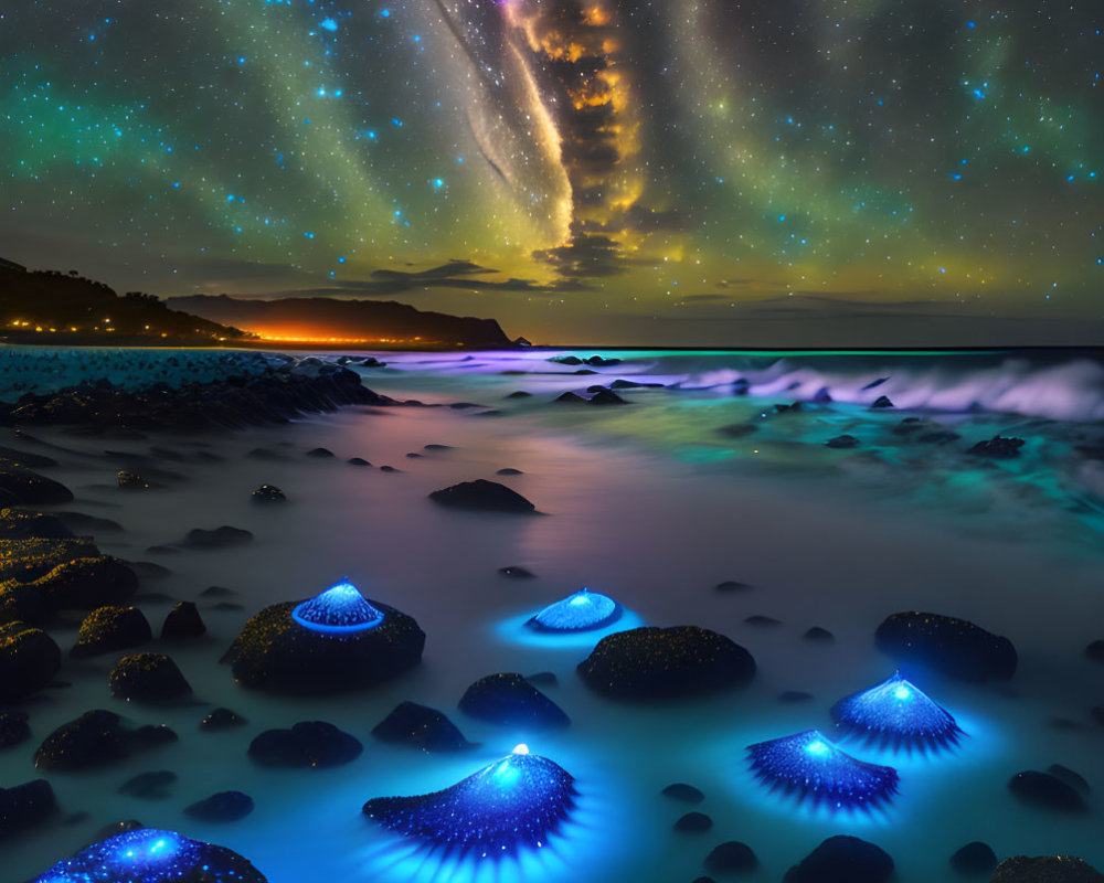 Mystical Coastal Night Scene with Glowing Jellyfish