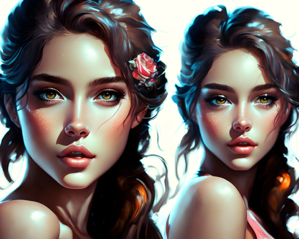Portraits of a Young Woman with Lush Hair and Rose