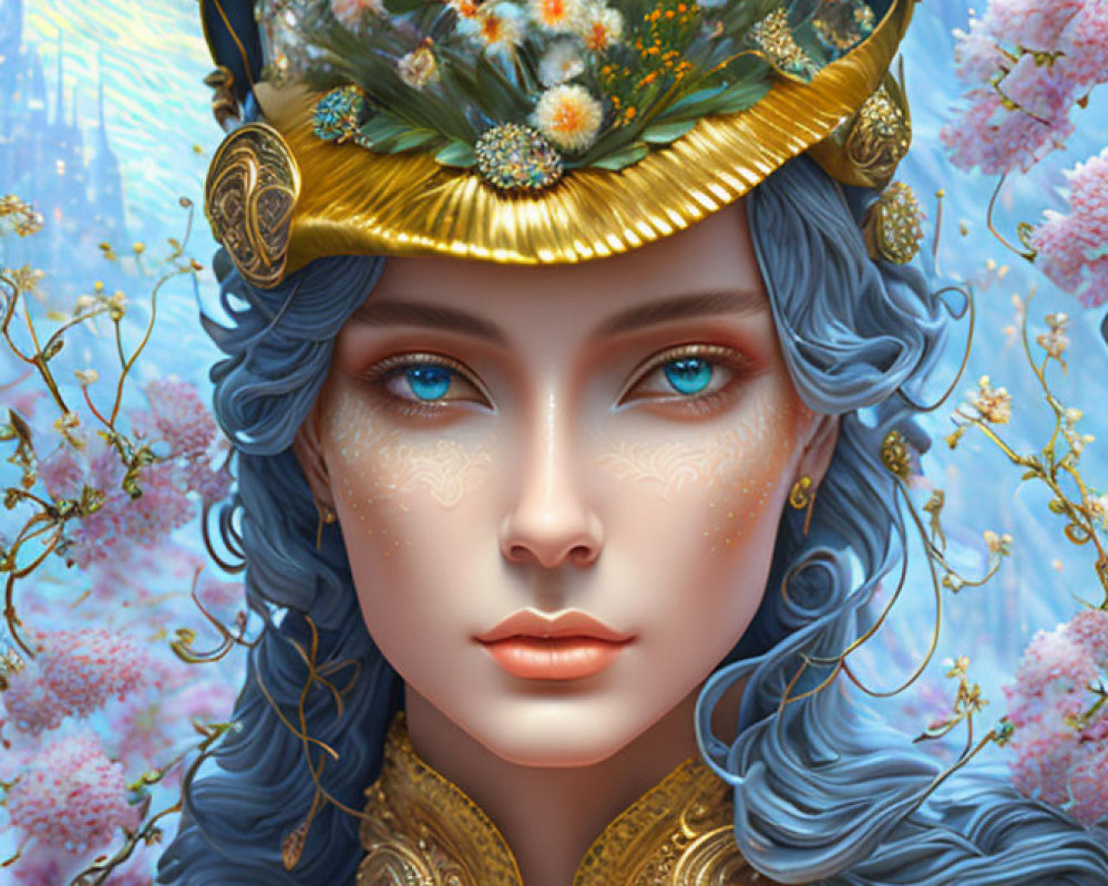 Ethereal Woman with Blue Hair and Golden Headdress