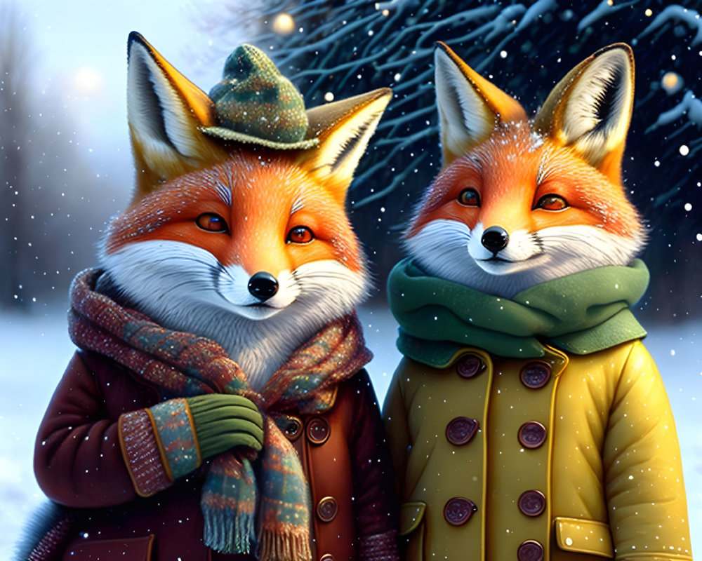 Charming fox characters in a snowy winter landscape