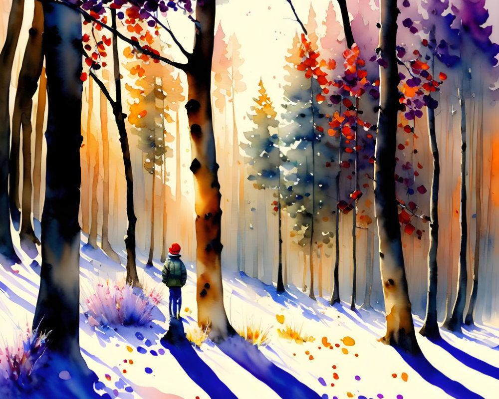 Lone Figure in Vibrant Autumn Forest with Snow