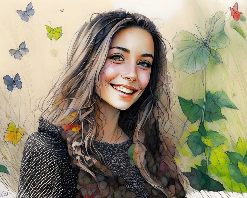 Young woman smiling with butterflies in a floral setting