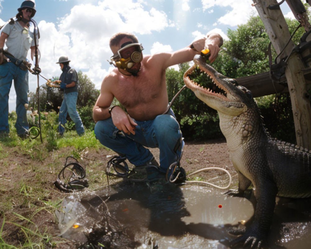 Man Feeding Alligator in Sunny Grassy Environment