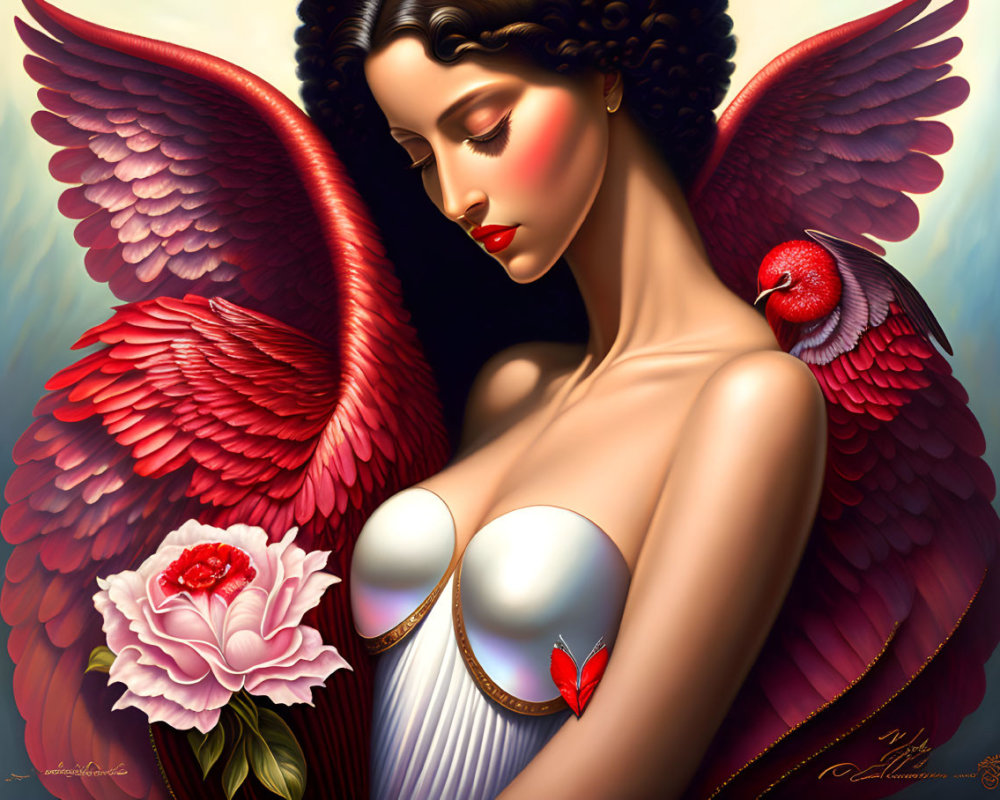 Illustrated angel with red wings and white dress holding flower beside red bird on colorful backdrop